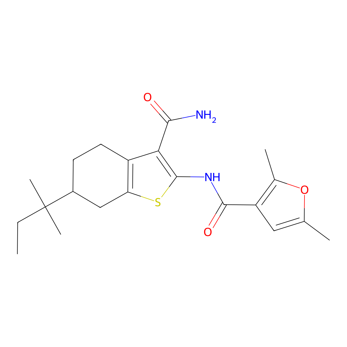 N-[3-carbamoyl-6-(2-methylbutan-2-yl)-4,5,6,7-tetrahydro-1-benzothiophen-2-yl]-2,5-dimethylfuran-3-carboxamide molecular structure, CAS 524732-65-8