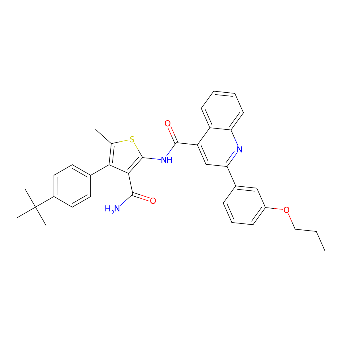 N-[4-(4-tert-butylphenyl)-3-carbamoyl-5-methylthiophen-2-yl]-2-(3-propoxyphenyl)quinoline-4-carboxamide molecular structure, CAS 524732-66-9
