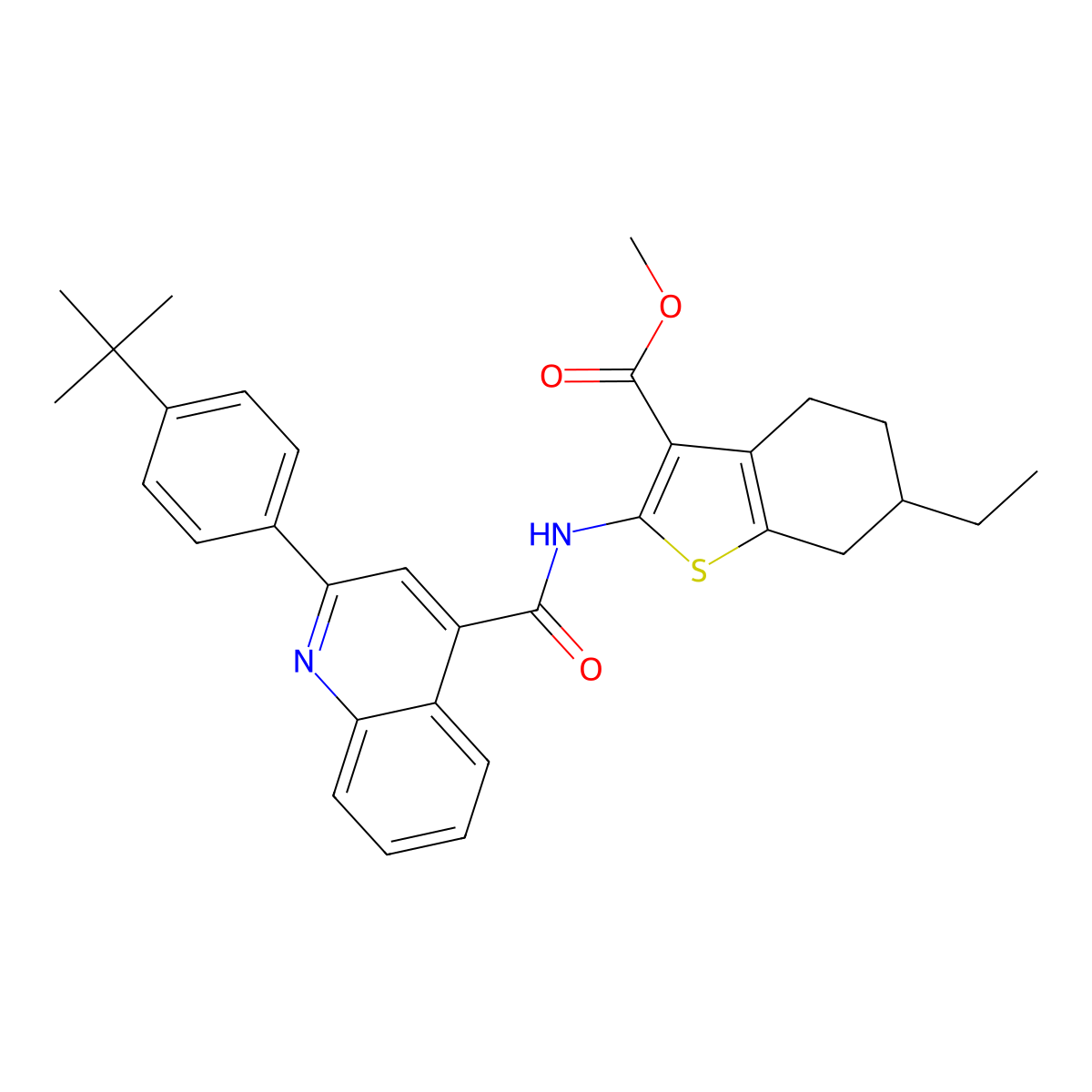 Methyl 2-({[2-(4-tert-butylphenyl)quinolin-4-yl]carbonyl}amino)-6-ethyl-4,5,6,7-tetrahydro-1-benzothiophene-3-carboxylate molecular structure, CAS 524732-76-1