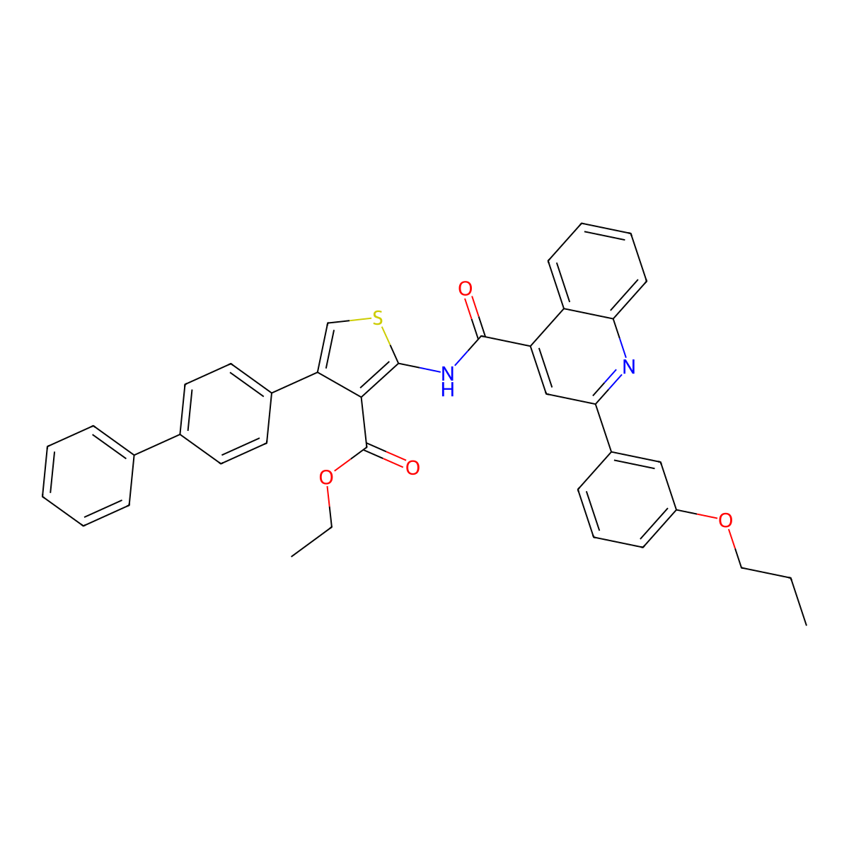 Ethyl 4-(biphenyl-4-yl)-2-({[2-(3-propoxyphenyl)quinolin-4-yl]carbonyl}amino)thiophene-3-carboxylate molecular structure, CAS 524732-85-2