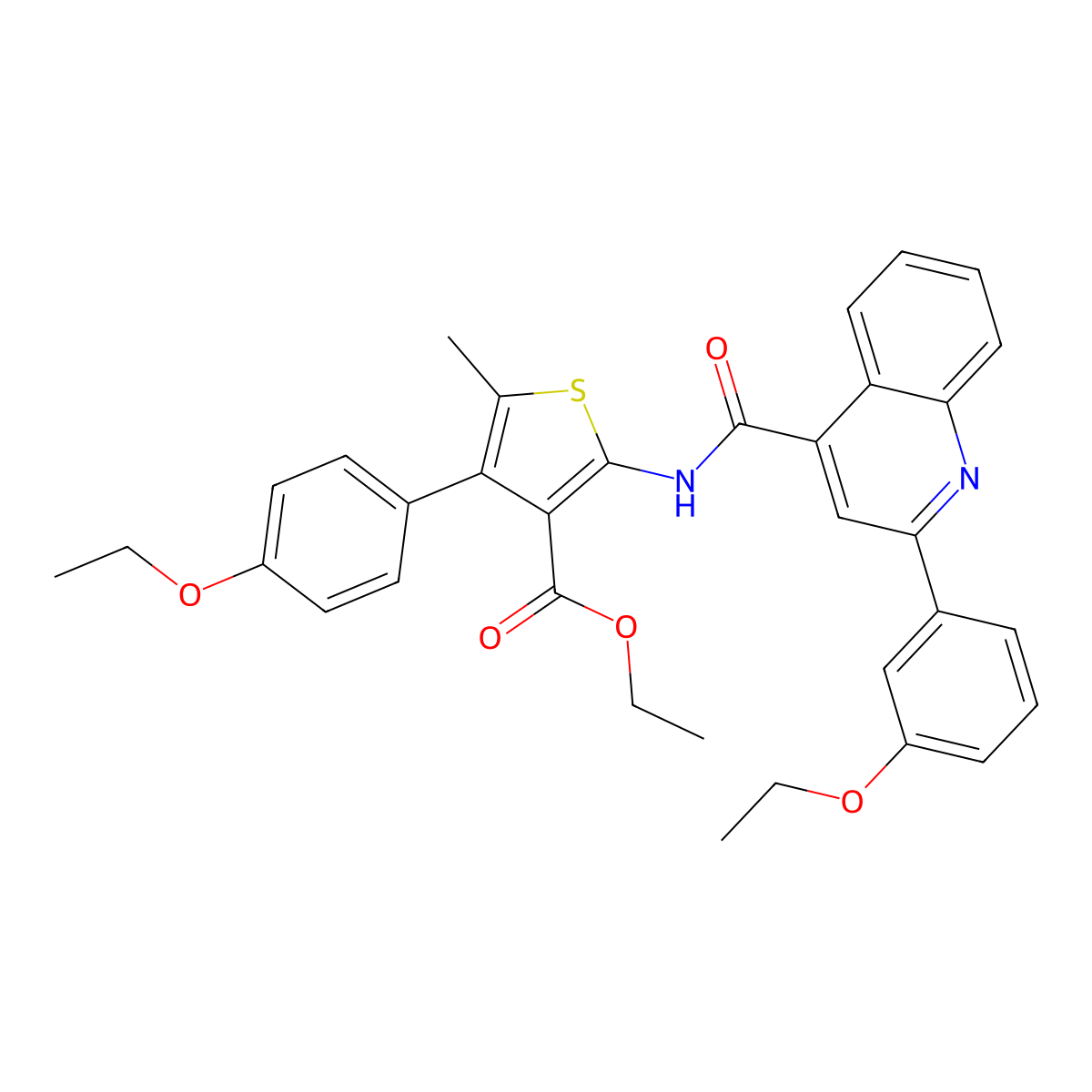 Ethyl 4-(4-ethoxyphenyl)-2-({[2-(3-ethoxyphenyl)quinolin-4-yl]carbonyl}amino)-5-methylthiophene-3-carboxylate molecular structure, CAS 524732-86-3