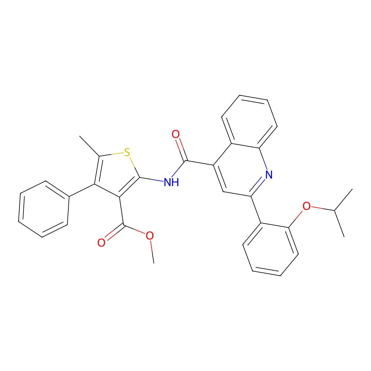Methyl 5-methyl-4-phenyl-2-[({2-[2-(propan-2-yloxy)phenyl]quinolin-4-yl}carbonyl)amino]thiophene-3-carboxylate molecular structure, CAS 524733-15-1