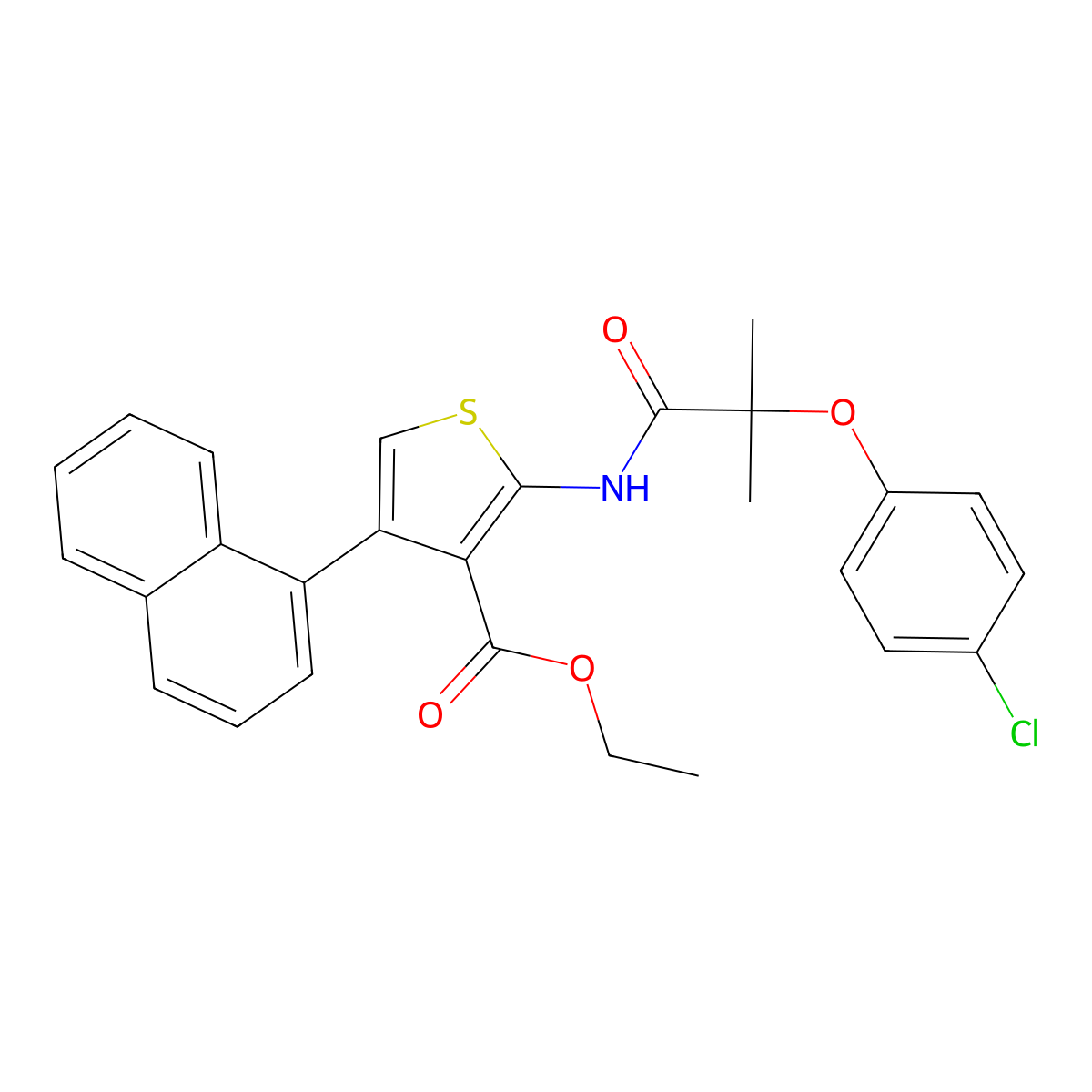 Ethyl 2-[[2-(4-chlorophenoxy)-2-methylpropanoyl]amino]-4-naphthalen-1-ylthiophene-3-carboxylate molecular structure, CAS 524733-19-5