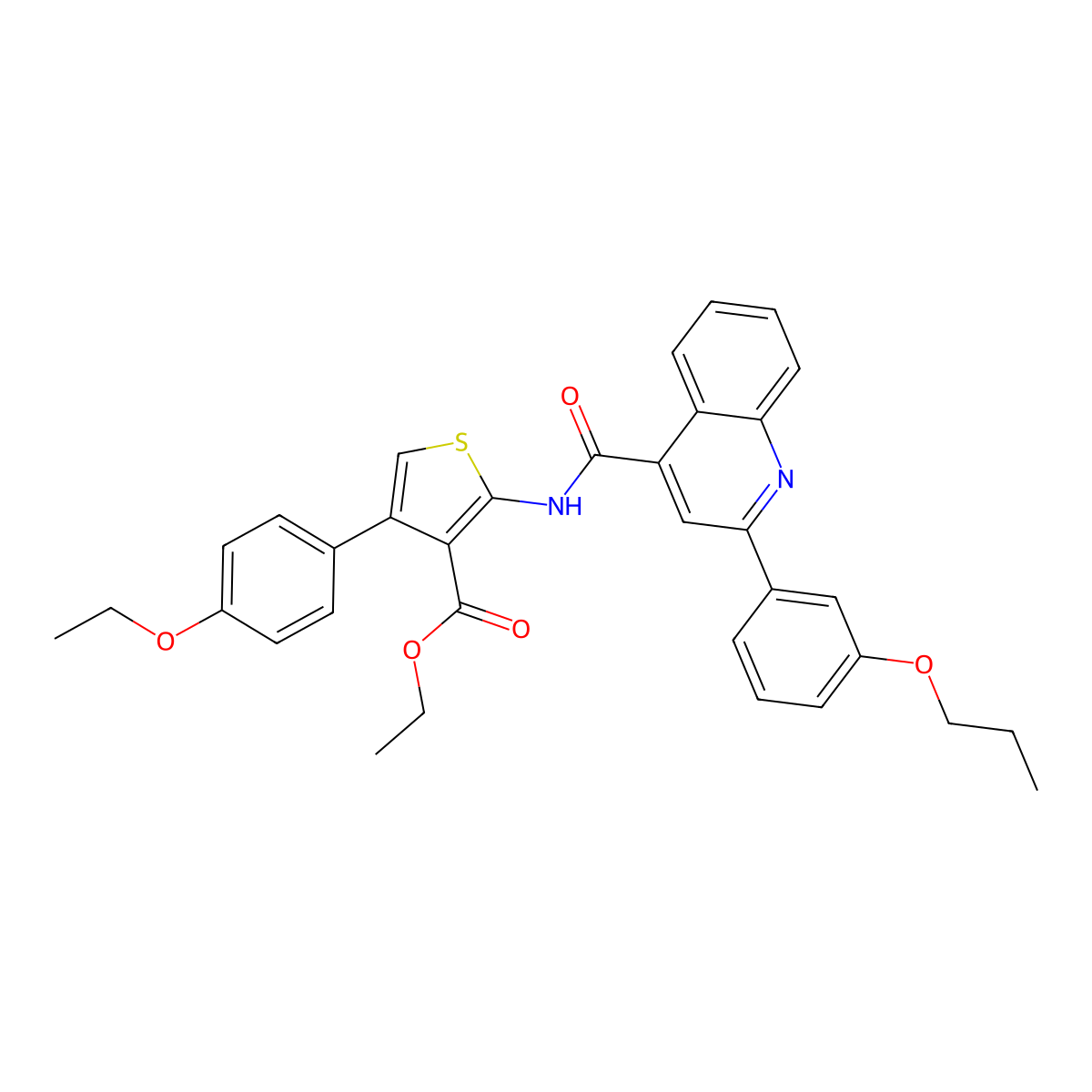Ethyl 4-(4-ethoxyphenyl)-2-({[2-(3-propoxyphenyl)quinolin-4-yl]carbonyl}amino)thiophene-3-carboxylate molecular structure, CAS 524733-23-1