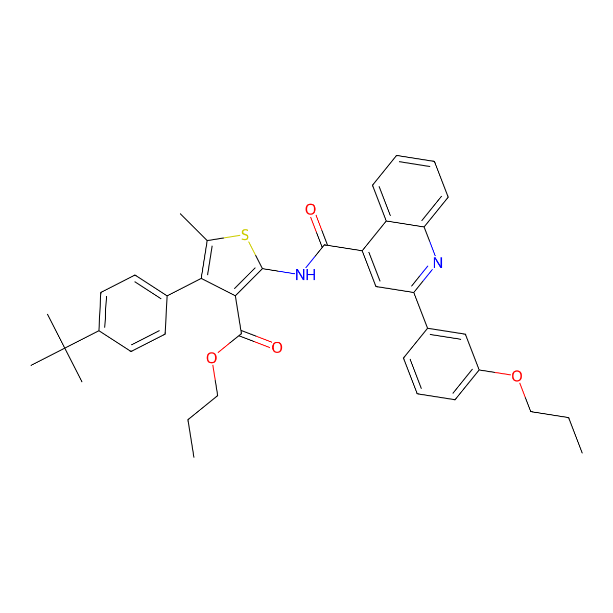 Propyl 4-(4-tert-butylphenyl)-5-methyl-2-({[2-(3-propoxyphenyl)quinolin-4-yl]carbonyl}amino)thiophene-3-carboxylate molecular structure, CAS 524733-27-5