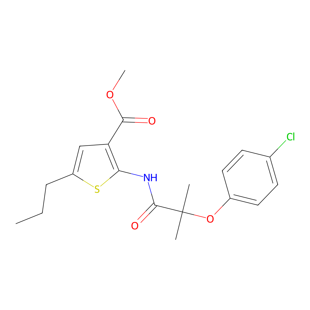 Methyl 2-[[2-(4-chlorophenoxy)-2-methylpropanoyl]amino]-5-propylthiophene-3-carboxylate molecular structure, CAS 524733-31-1