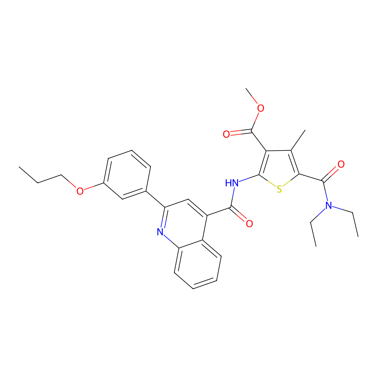 Methyl 5-(diethylcarbamoyl)-4-methyl-2-({[2-(3-propoxyphenyl)quinolin-4-yl]carbonyl}amino)thiophene-3-carboxylate molecular structure, CAS 524733-40-2