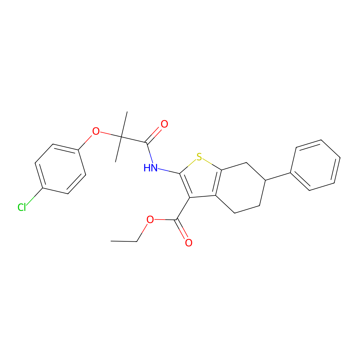 Ethyl 2-[[2-(4-chlorophenoxy)-2-methylpropanoyl]amino]-6-phenyl-4,5,6,7-tetrahydro-1-benzothiophene-3-carboxylate molecular structure, CAS 524733-41-3