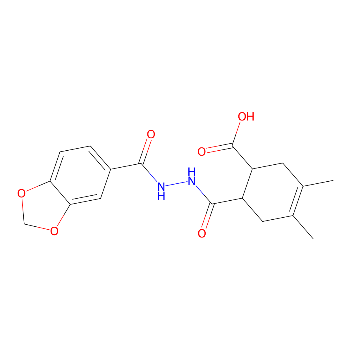 6-{[2-(1,3-Benzodioxol-5-ylcarbonyl)hydrazinyl]carbonyl}-3,4-dimethylcyclohex-3-ene-1-carboxylic acid molecular structure, CAS 524733-59-3
