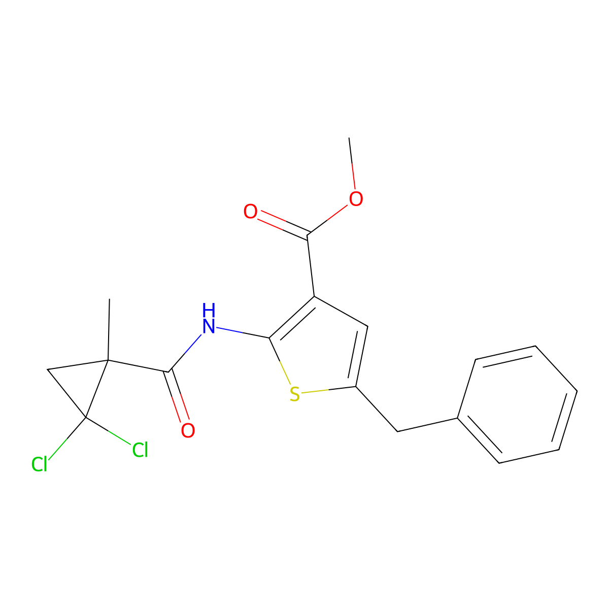 Methyl 5-benzyl-2-{[(2,2-dichloro-1-methylcyclopropyl)carbonyl]amino}-3-thiophenecarboxylate molecular structure, CAS 524926-59-8