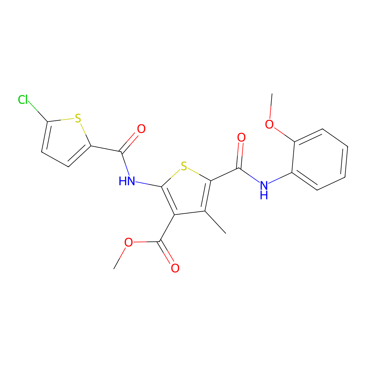 Methyl 2-[(5-chlorothiophene-2-carbonyl)amino]-5-[(2-methoxyphenyl)carbamoyl]-4-methylthiophene-3-carboxylate molecular structure, CAS 524927-85-3