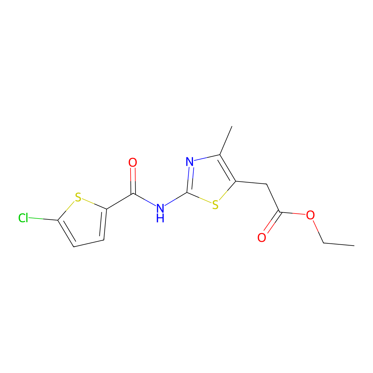 Ethyl (2-{[(5-chlorothiophen-2-yl)carbonyl]amino}-4-methyl-1,3-thiazol-5-yl)acetate molecular structure, CAS 524927-93-3