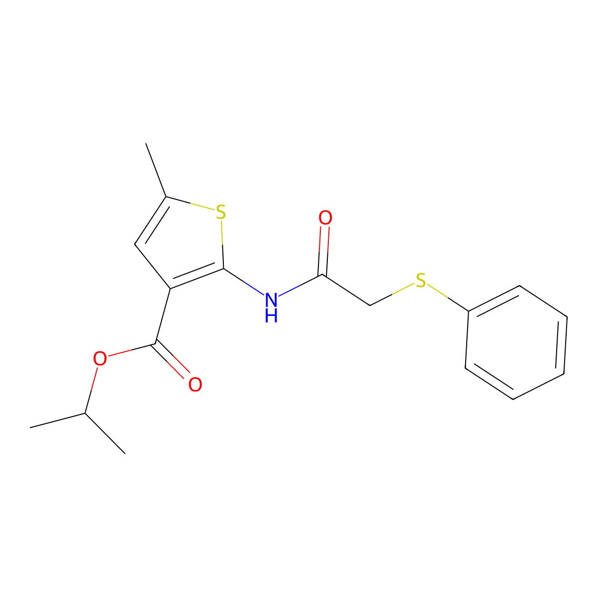 Methylethyl 5-methyl-2-(2-phenylthioacetylamino)thiophene-3-carboxylate molecular structure, CAS 524928-82-3