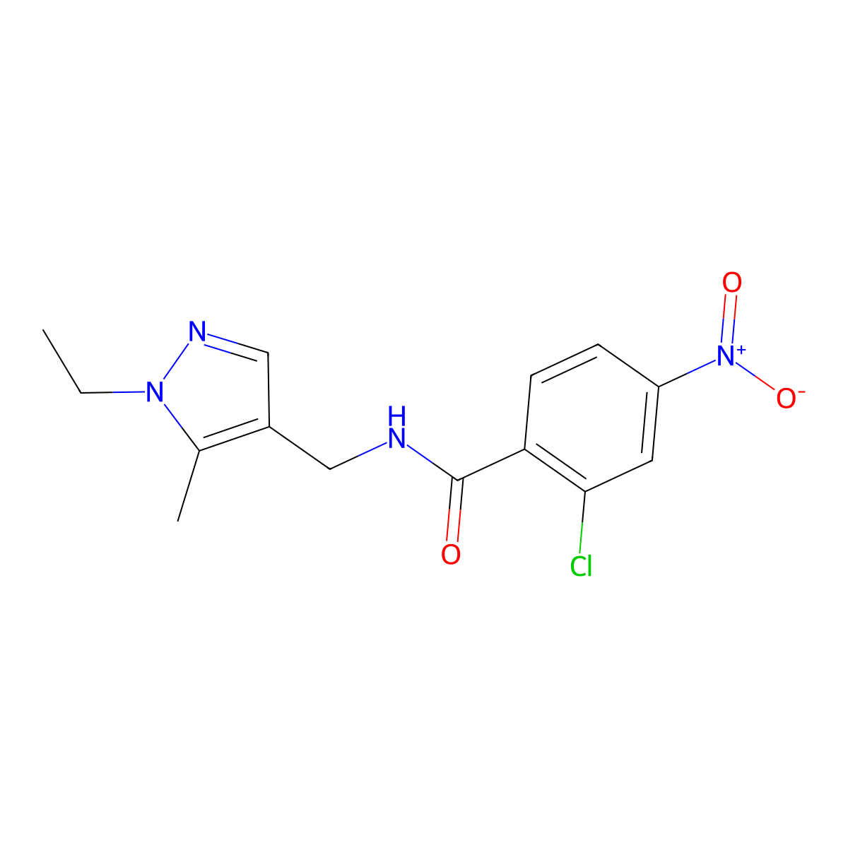 2-chloro-N-[(1-ethyl-5-methylpyrazol-4-yl)methyl]-4-nitrobenzamide molecular structure, CAS 524930-80-1