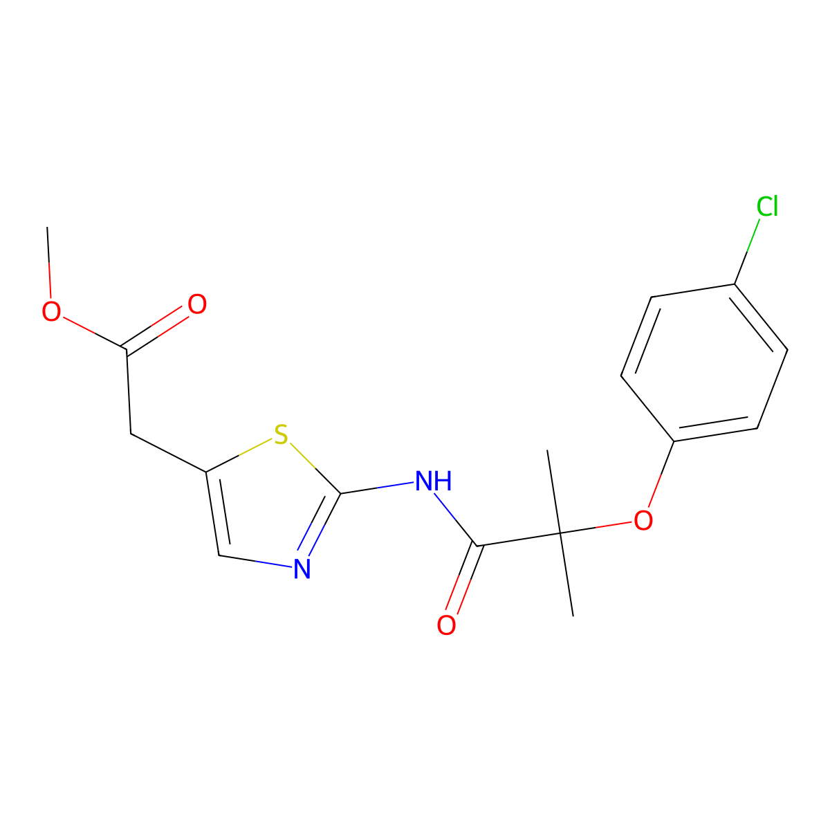 Methyl (2-{[2-(4-chlorophenoxy)-2-methylpropanoyl]amino}-1,3-thiazol-5-yl)acetate molecular structure, CAS 524932-29-4
