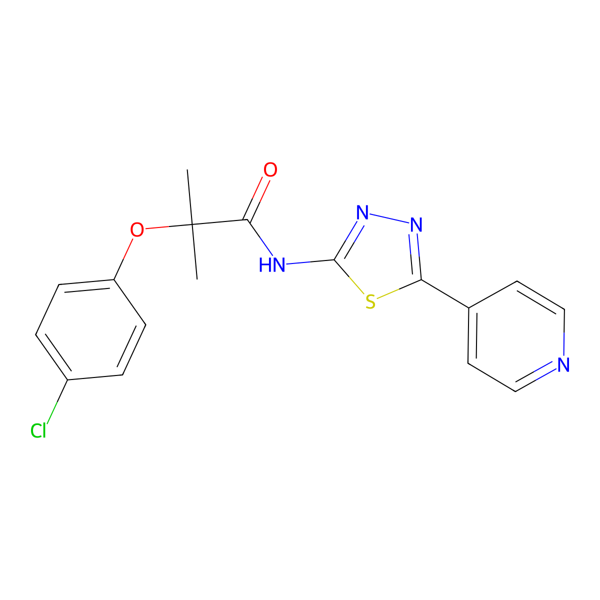 2-(4-chlorophenoxy)-2-methyl-N-(5-pyridin-4-yl-1,3,4-thiadiazol-2-yl)propanamide molecular structure, CAS 524932-33-0