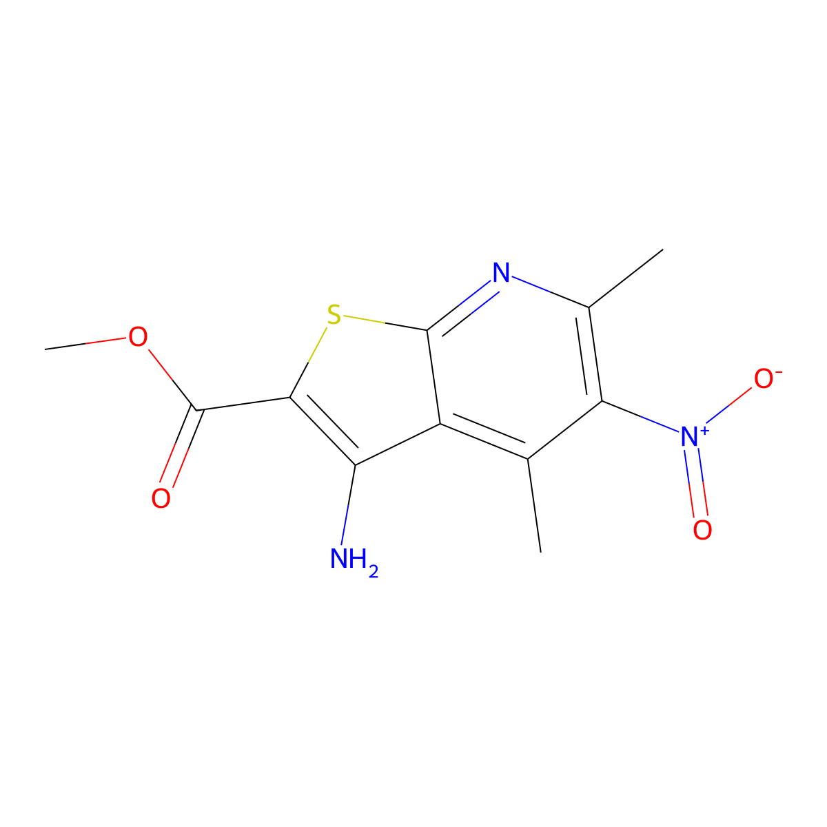 Methyl 3-amino-4,6-dimethyl-5-nitrothieno[2,3-b]pyridine-2-carboxylate molecular structure, CAS 52505-73-4