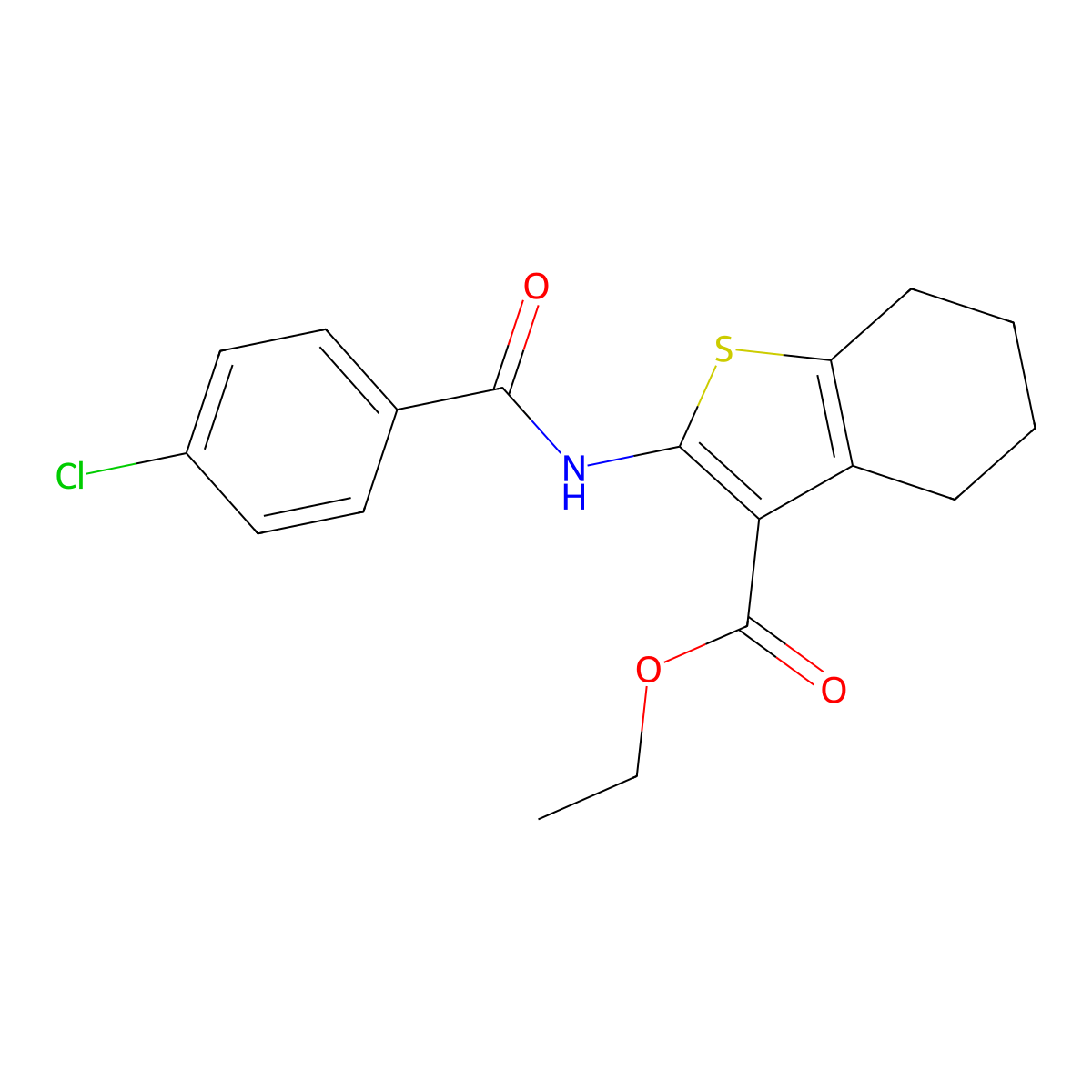 Benzo(b)thiophene-3-carboxylic acid, 4,5,6,7-tetrahydro-2-((4-chlorobenzoyl)amino)-, ethyl ester molecular structure, CAS 52535-71-4