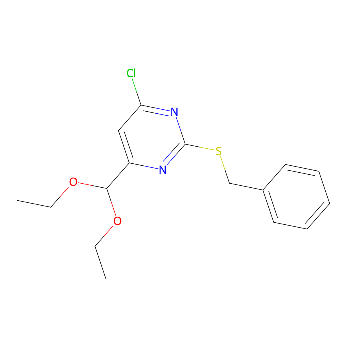 2-Benzylsulfanyl-4-chloro-6-diethoxymethyl-pyrimidine molecular structure, CAS 525559-14-2