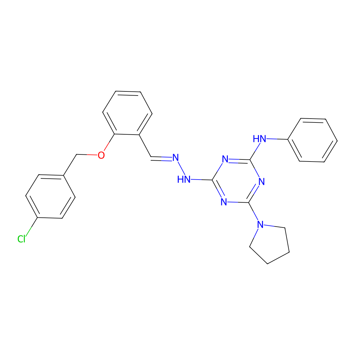 (E)-4-(2-(2-((4-chlorobenzyl)oxy)benzylidene)hydrazinyl)-N-phenyl-6-(pyrrolidin-1-yl)-1,3,5-triazin-2-amine molecular structure, CAS 525570-22-3