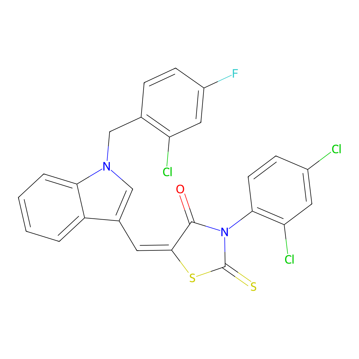 4-Thiazolidinone, 5-[[1-[(2-chloro-4-fluorophenyl)methyl]-1H-indol-3-yl]methylene]-3-(2,4-dichlorophenyl)-2-thioxo- molecular structure, CAS 525570-34-7