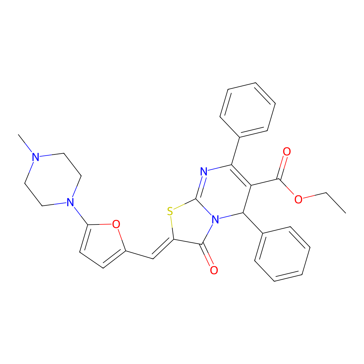 Ethyl 2,3-dihydro-2-[[5-(4-methyl-1-piperazinyl)-2-furanyl]methylene]-3-oxo-5,7-diphenyl-5H-thiazolo[3,2-a]pyrimidine-6-carboxylate molecular structure, CAS 525574-78-1