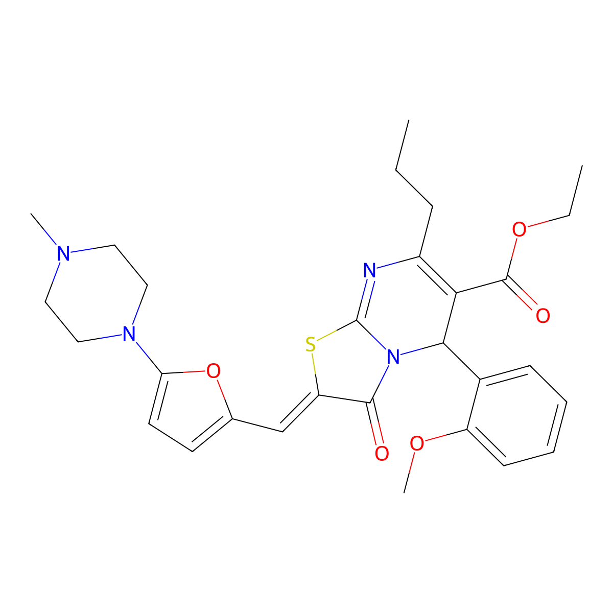 Ethyl 2,3-dihydro-5-(2-methoxyphenyl)-2-[[5-(4-methyl-1-piperazinyl)-2-furanyl]methylene]-3-oxo-7-propyl-5H-thiazolo[3,2-a]pyrimidine-6-carboxylate molecular structure, CAS 525574-82-7