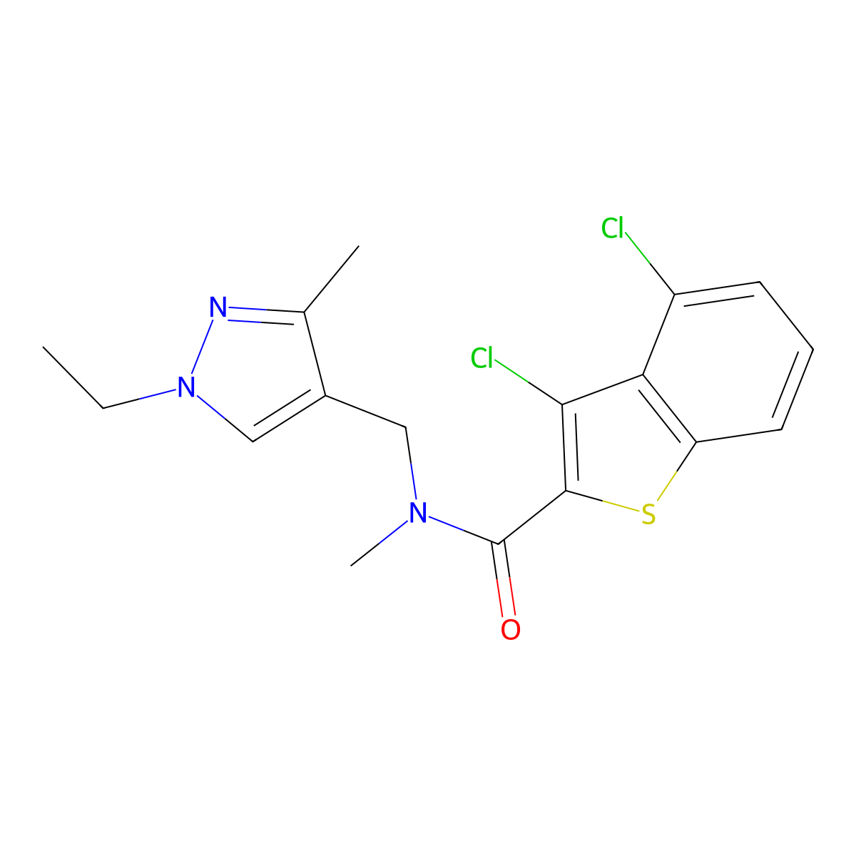 3,4-dichloro-N-[(1-ethyl-3-methyl-1H-pyrazol-4-yl)methyl]-N-methyl-1-benzothiophene-2-carboxamide molecular structure, CAS 525578-38-5