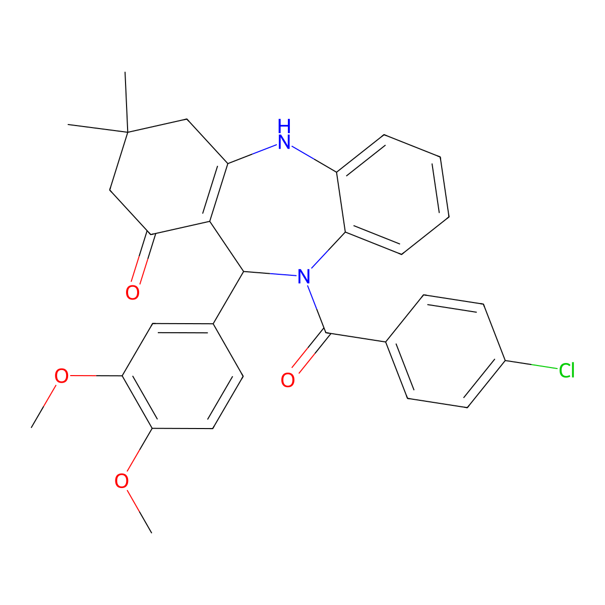 5-(4-Chlorobenzoyl)-6-(3,4-dimethoxyphenyl)-9,9-dimethyl-6,8,10,11-tetrahydrobenzo[b][1,4]benzodiazepin-7-one molecular structure, CAS 525581-40-2