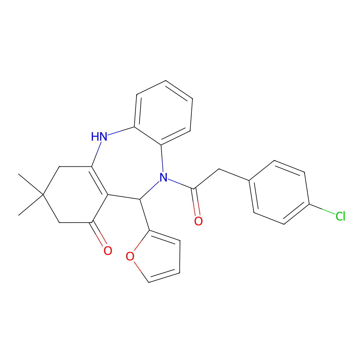 10-[(4-chlorophenyl)acetyl]-11-(2-furyl)-3,3-dimethyl-2,3,4,5,10,11-hexahydro-1H-dibenzo[b,e][1,4]diazepin-1-one molecular structure, CAS 525581-44-6