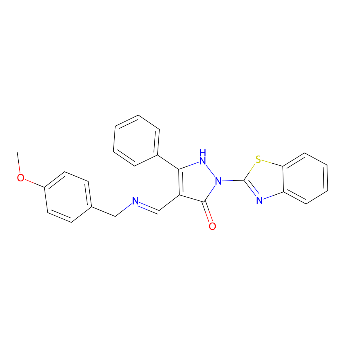 1-(1,3-benzothiazol-2-yl)-4-{(E)-[(4-methoxybenzyl)imino]methyl}-3-phenyl-1H-pyrazol-5-ol molecular structure, CAS 525581-48-0