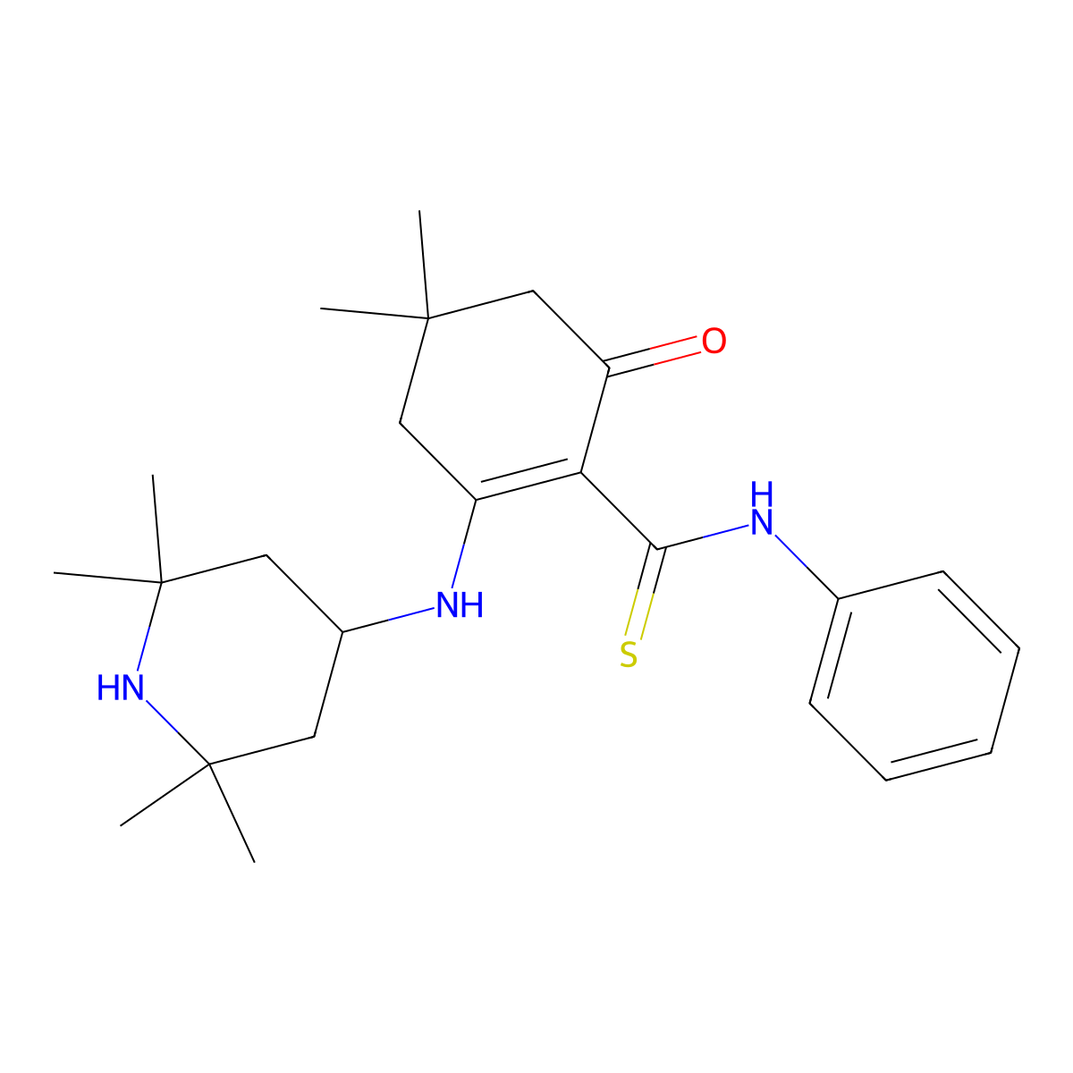 4,4-dimethyl-6-oxo-N-phenyl-2-[(2,2,6,6-tetramethylpiperidin-4-yl)amino]cyclohexene-1-carbothioamide molecular structure, CAS 525581-66-2