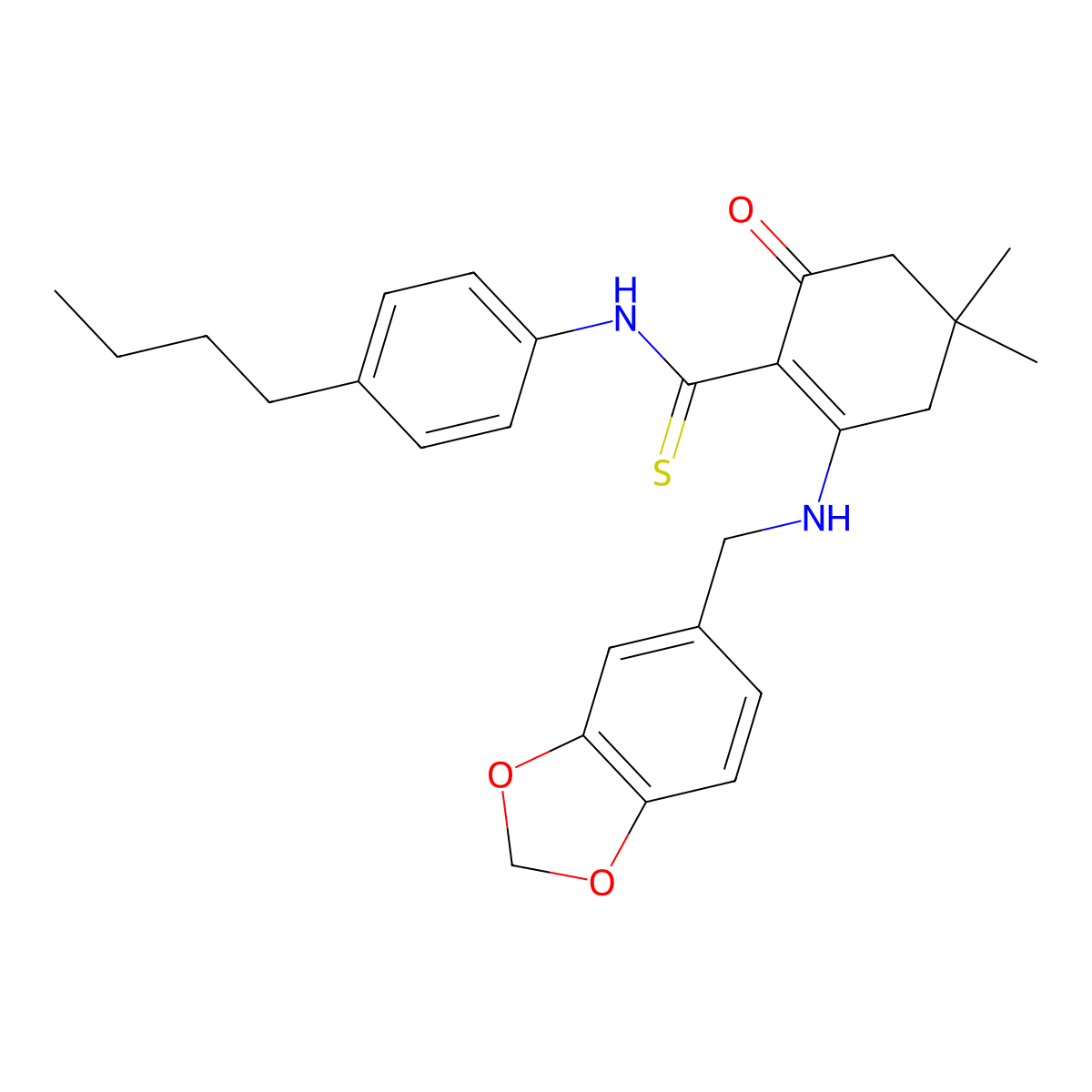 2-(1,3-benzodioxol-5-ylmethylamino)-N-(4-butylphenyl)-4,4-dimethyl-6-oxocyclohexene-1-carbothioamide molecular structure, CAS 525582-08-5