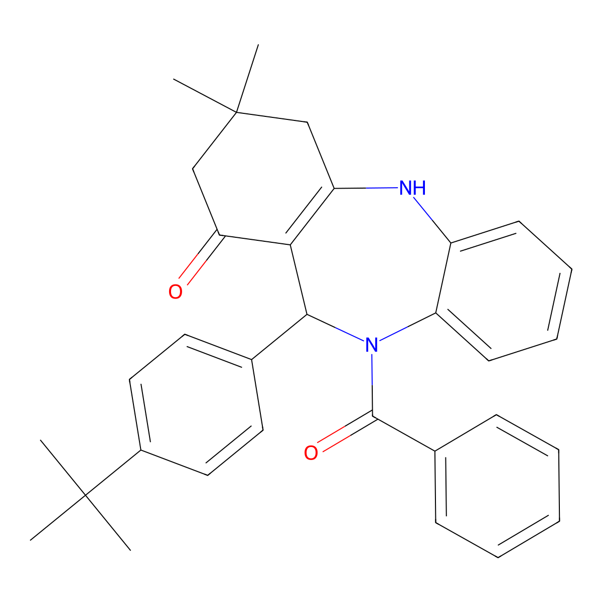 11-(4-tert-butylphenyl)-3,3-dimethyl-10-(phenylcarbonyl)-2,3,4,5,10,11-hexahydro-1H-dibenzo[b,e][1,4]diazepin-1-one molecular structure, CAS 525582-65-4