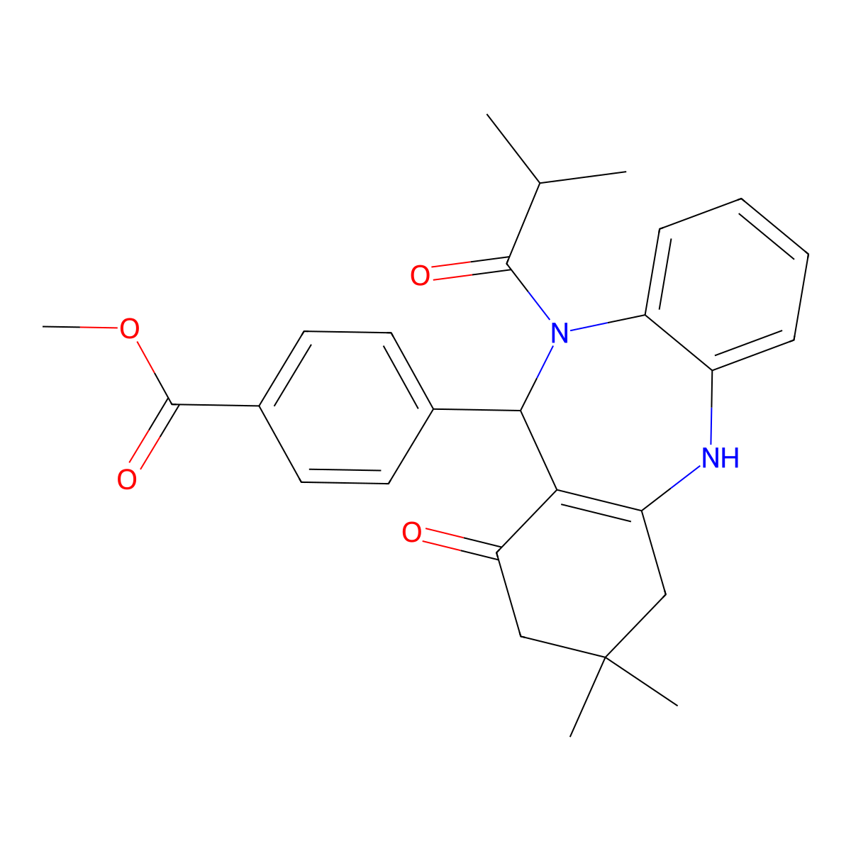 methyl 4-(10-isobutyryl-3,3-dimethyl-1-oxo-2,3,4,5,10,11-hexahydro-1H-dibenzo[b,e][1,4]diazepin-11-yl)benzoate molecular structure, CAS 525582-67-6