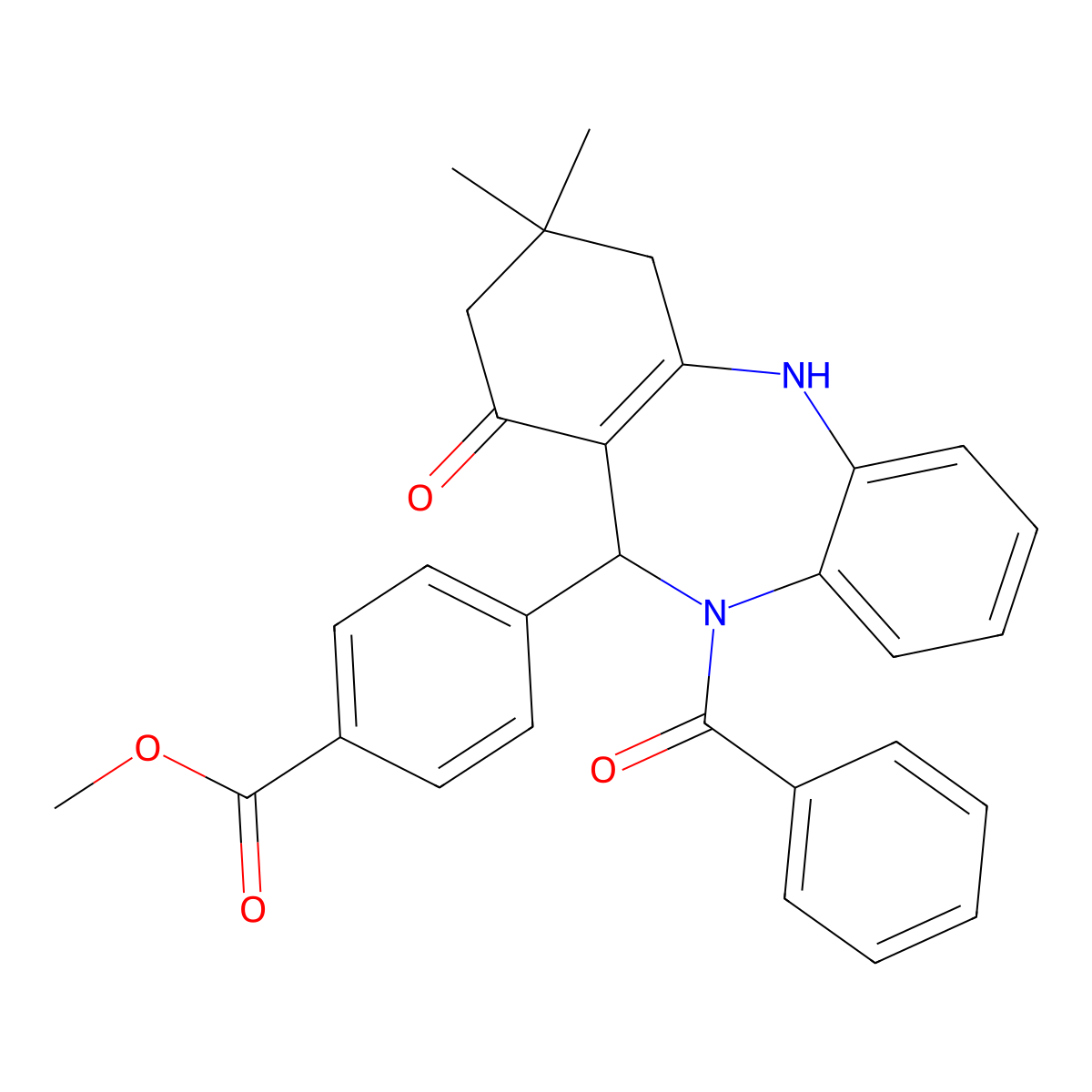 methyl 4-(10-benzoyl-3,3-dimethyl-1-oxo-2,3,4,5,10,11-hexahydro-1H-dibenzo[b,e][1,4]diazepin-11-yl)benzoate molecular structure, CAS 525582-68-7