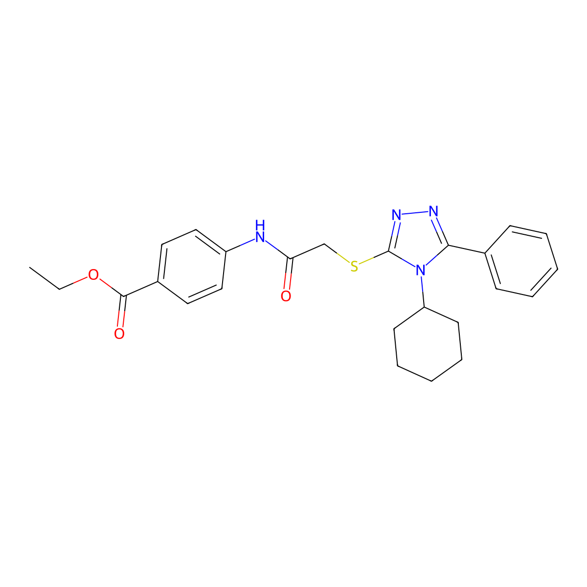 Ethyl 4-[2-(4-cyclohexyl-5-phenyl-1,2,4-triazol-3-ylthio)acetylamino]benzoate molecular structure, CAS 525582-79-0