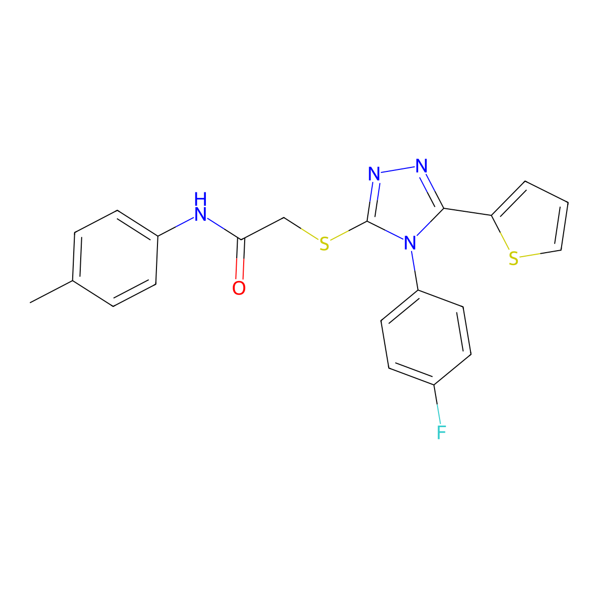 2-{[4-(4-fluorophenyl)-5-(thiophen-2-yl)-4H-1,2,4-triazol-3-yl]sulfanyl}-N-(4-methylphenyl)acetamide molecular structure, CAS 525582-96-1