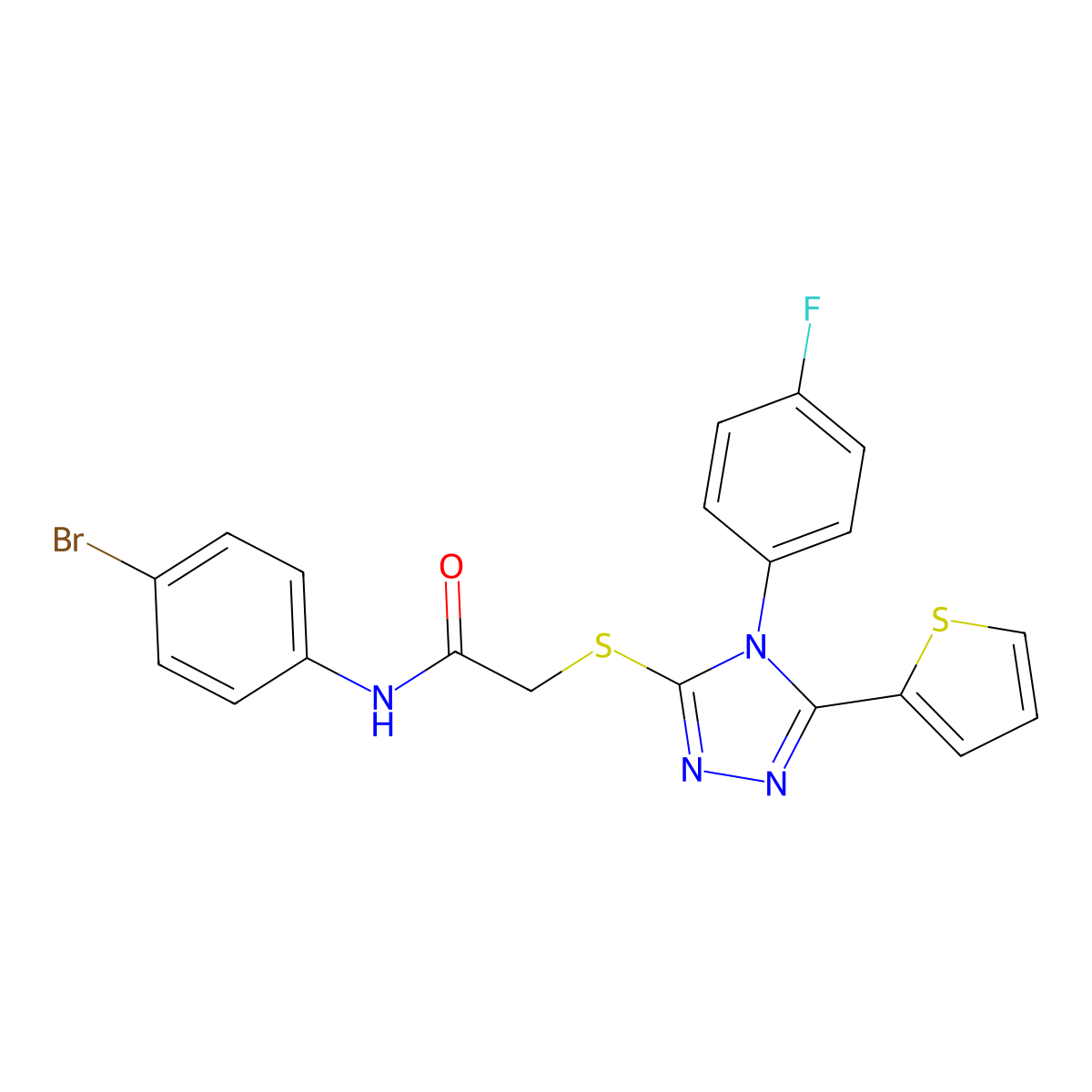 N-(4-bromophenyl)-2-{[4-(4-fluorophenyl)-5-(thiophen-2-yl)-4H-1,2,4-triazol-3-yl]sulfanyl}acetamide molecular structure, CAS 525582-97-2