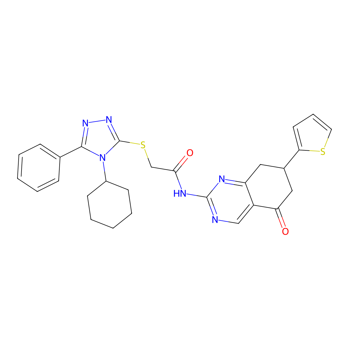 2-[(4-cyclohexyl-5-phenyl-4H-1,2,4-triazol-3-yl)sulfanyl]-N-[5-oxo-7-(thiophen-2-yl)-5,6,7,8-tetrahydroquinazolin-2-yl]acetamide molecular structure, CAS 525583-20-4