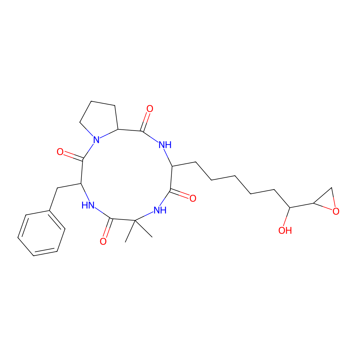 3-Benzyl-9-[6-hydroxy-6-(oxiran-2-yl)hexyl]-6,6-dimethyl-1,4,7,10-tetrazabicyclo[10.3.0]pentadecane-2,5,8,11-tetrone molecular structure, CAS 52574-64-8