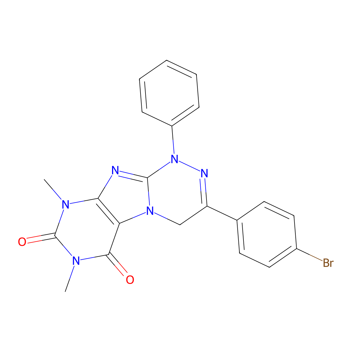 3-(4-Bromophenyl)-1,4-dihydro-7,9-dimethyl-1-phenyl(1,2,4)triazino(3,4-f)purine-6,8(7H,9H)-dione molecular structure, CAS 52598-31-9