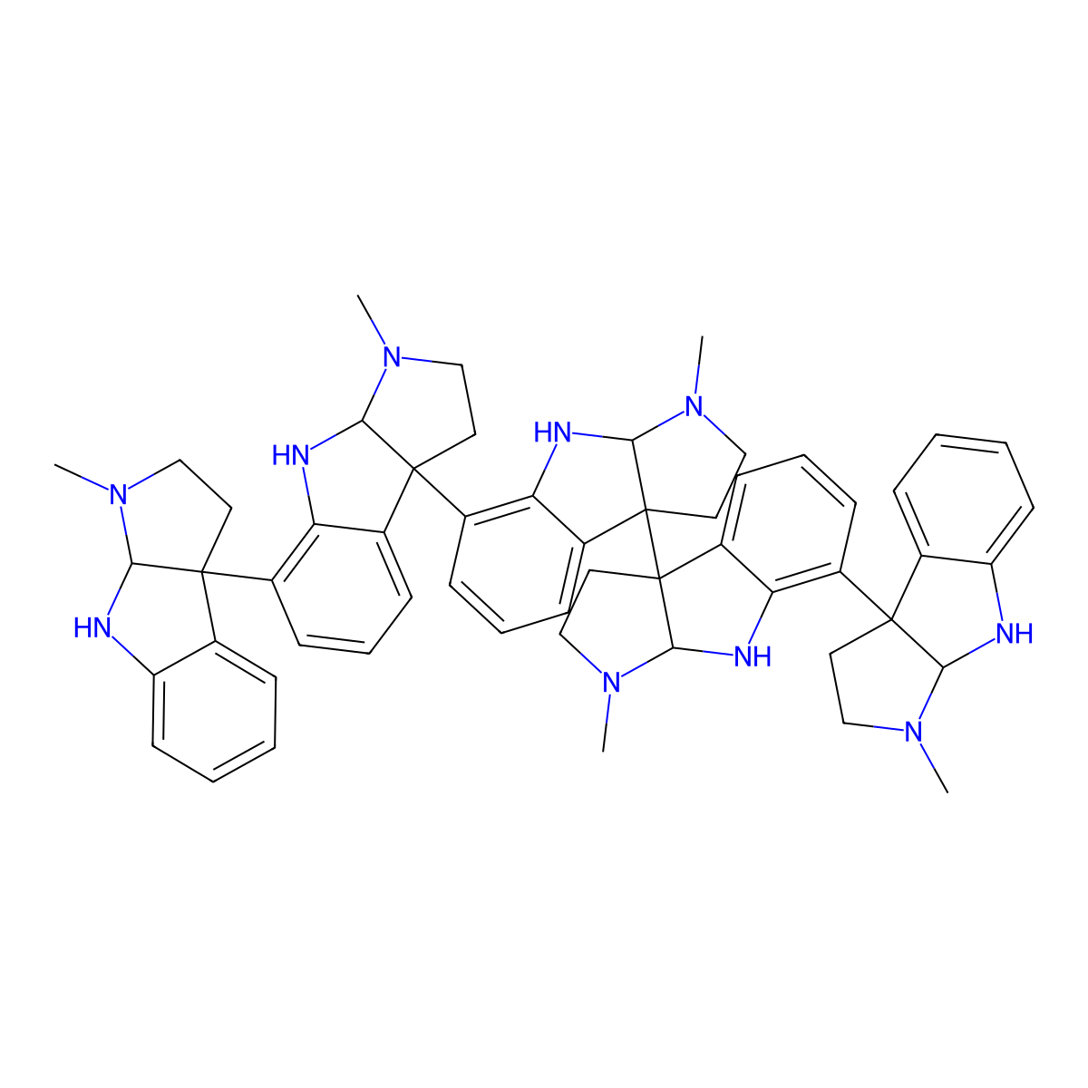 3a(1H),7':3'a,3''a(1'H,1''H):7'',3'''a(1'''H):7''',3''''a(1''''H)-Quinquepyrrolo(2,3-b)indole, 2,2',2'',2''',2'''',3,3',3'',3''',3'''',8,8',8'',8''',8'''',8a,8'a,8''a,8'''a,8''''a-eicosahydro-1,1',1'',1''',1''''-pentamethyl-, stereoisomer molecular structure, CAS 52617-25-1