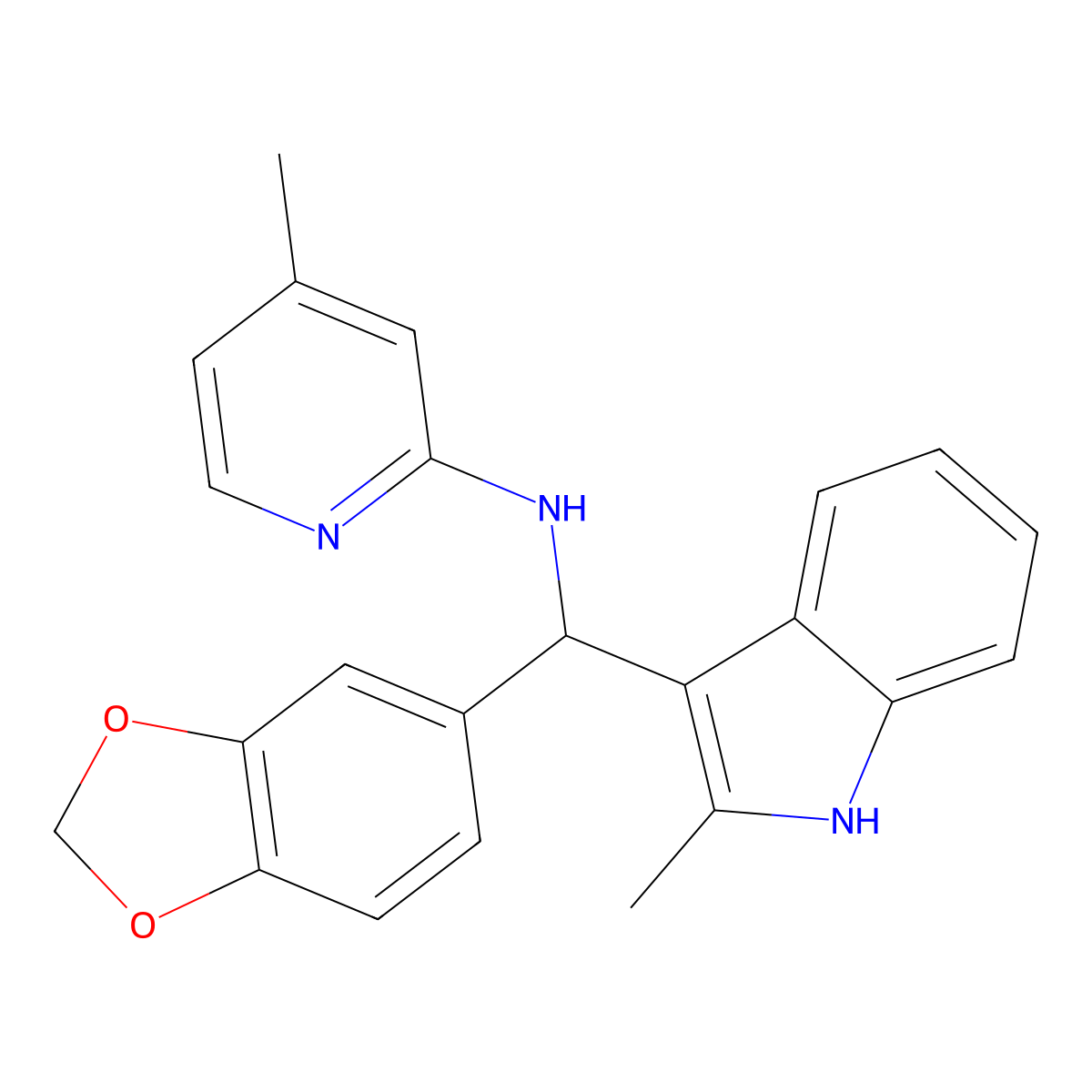 N-[(2H-1,3-benzodioxol-5-yl)(2-methyl-1H-indol-3-yl)methyl]-4-methylpyridin-2-amine molecular structure, CAS 526188-72-7