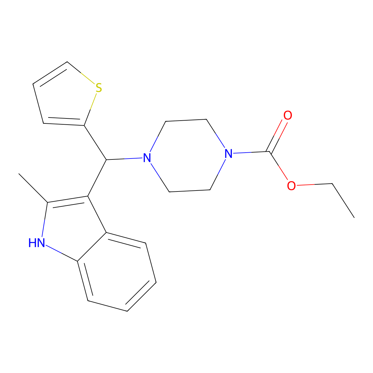 Ethyl 4-((2-methyl-1H-indol-3-yl)(thiophen-2-yl)methyl)piperazine-1-carboxylate molecular structure, CAS 526188-81-8