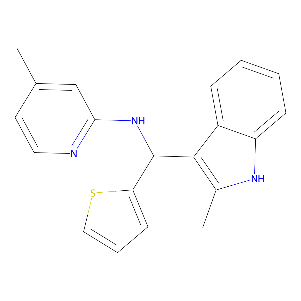 4-methyl-N-((2-methyl-1H-indol-3-yl)(thiophen-2-yl)methyl)pyridin-2-amine molecular structure, CAS 526189-17-3