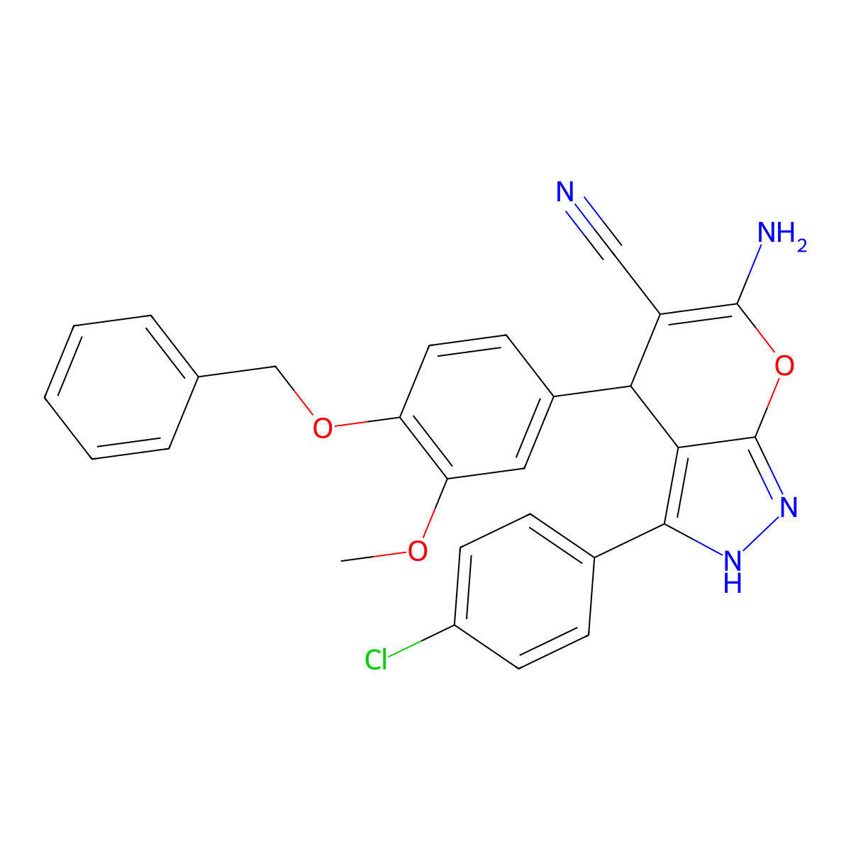 6-Amino-3-(4-chlorophenyl)-4-(3-methoxy-4-phenylmethoxyphenyl)-2,4-dihydropyrano[2,3-c]pyrazole-5-carbonitrile molecular structure, CAS 526193-39-5
