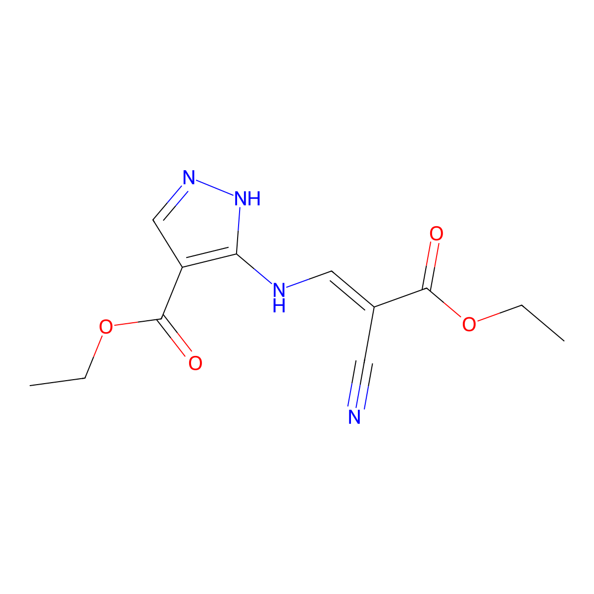 Ethyl-3-(2-carbethoxy-2-cyanoethenyl)amino-1H-pyrazole-4-carboxylate, (E)- molecular structure, CAS 52632-17-4