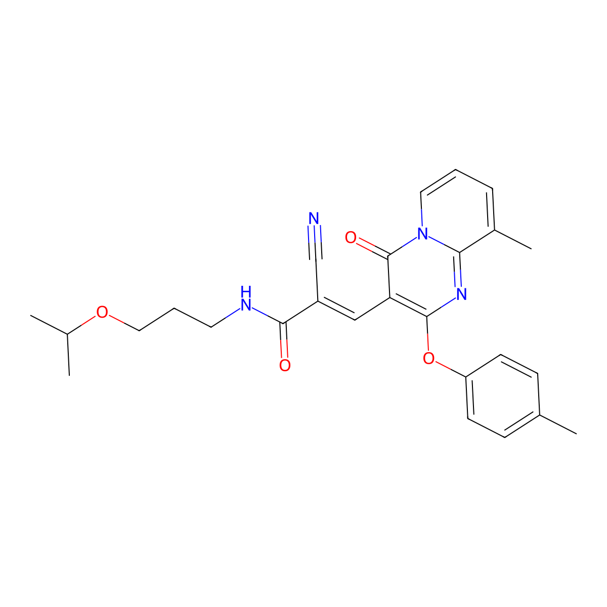 2-cyano-3-[9-methyl-2-(4-methylphenoxy)-4-oxopyrido[1,2-a]pyrimidin-3-yl]-N-(3-propan-2-yloxypropyl)prop-2-enamide molecular structure, CAS 5267-21-0