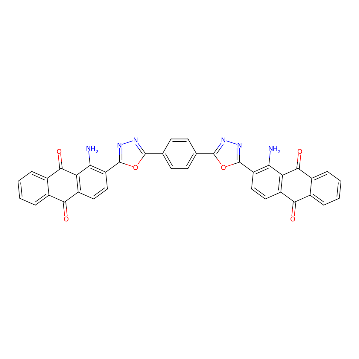 9,10-Anthracenedione, 2,2'-[1,4-phenylenebis(1,3,4-oxadiazole-5,2-diyl)]bis[1-amino- molecular structure, CAS 52671-38-2